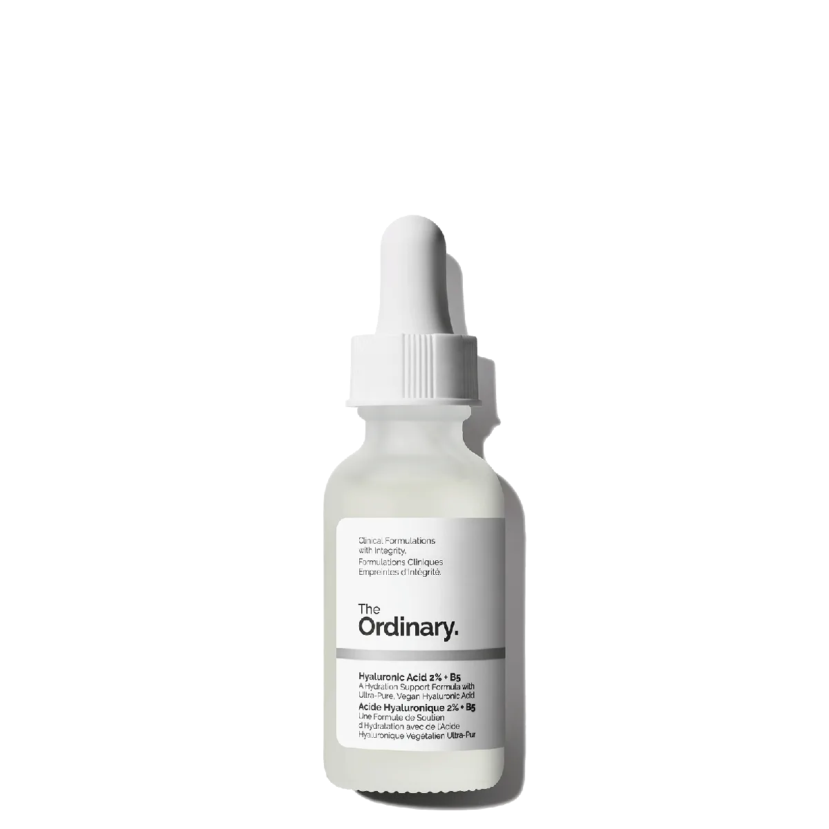 The Ordinary Hyaluronic Acid 2% + B5 serum in a frosted glass dropper bottle with white label
