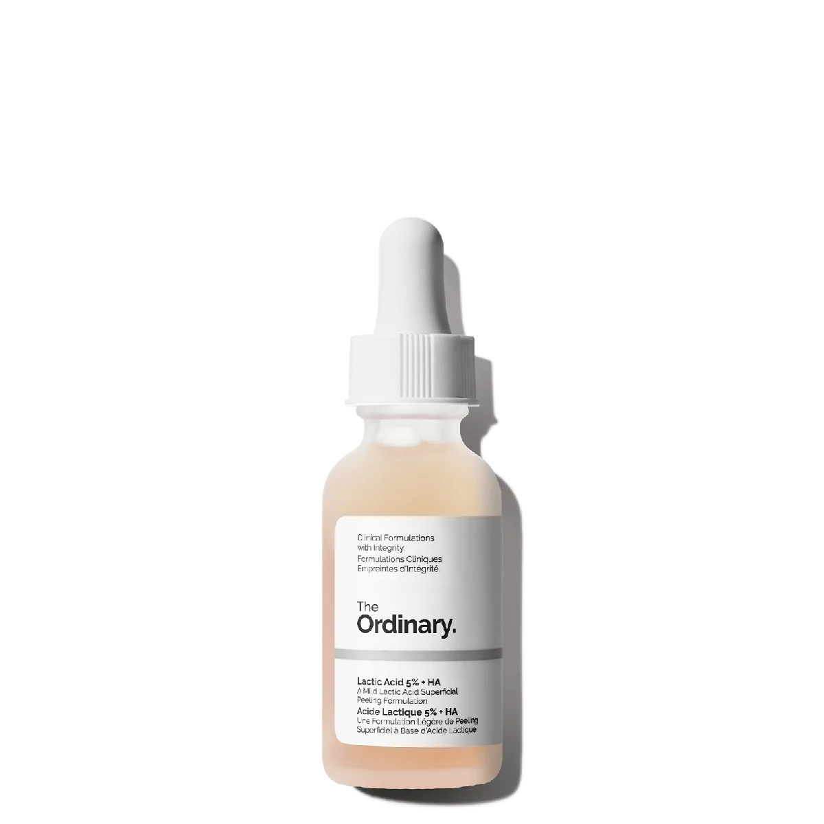 The Ordinary Lactic Acid 5% + HA serum in a frosted glass dropper bottle with white label