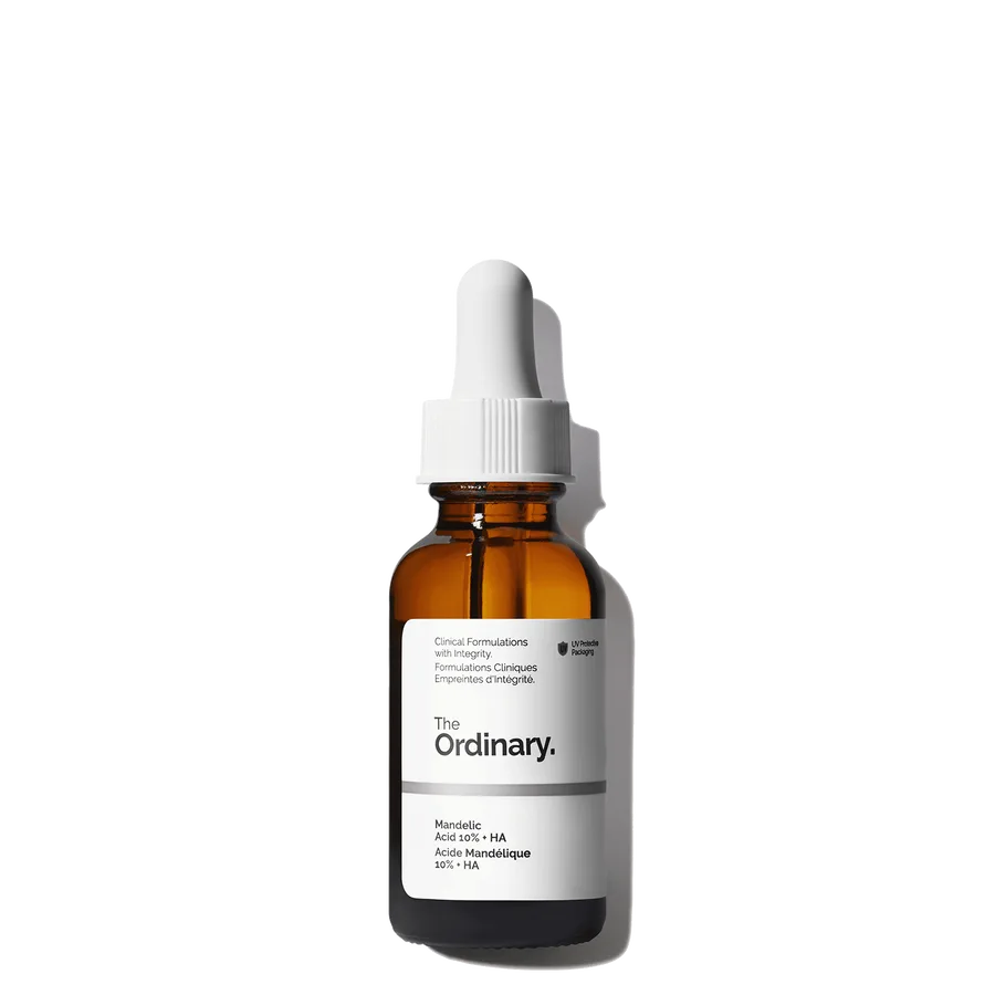 The Ordinary Mandelic Acid 10% + HA exfoliating serum in amber glass dropper bottle