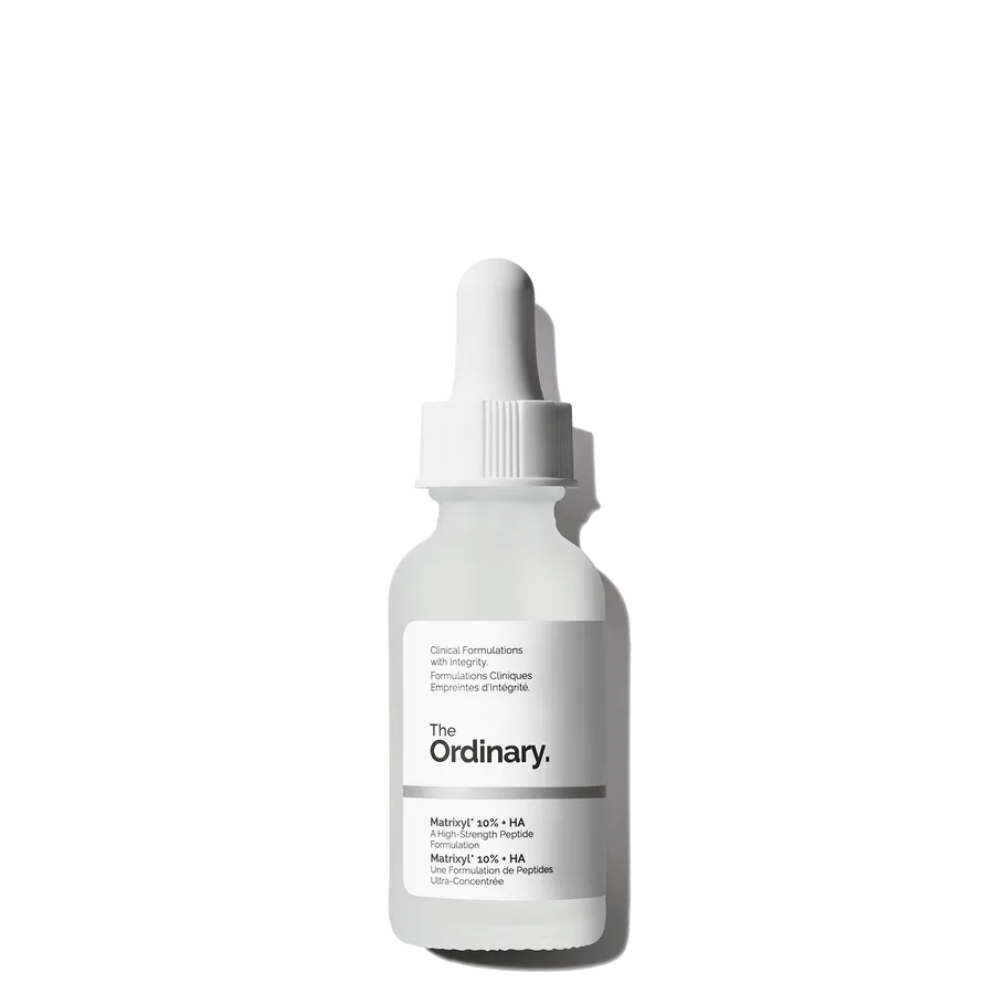 The Ordinary Matrixyl 10% + HA peptide serum in amber glass dropper bottle