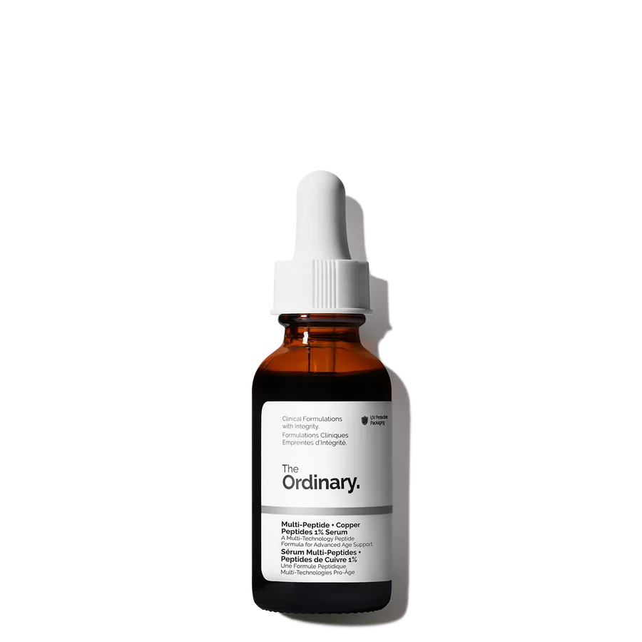 The Ordinary Multi-Peptide + Copper Peptides 1% Serum in a frosted glass dropper bottle with a