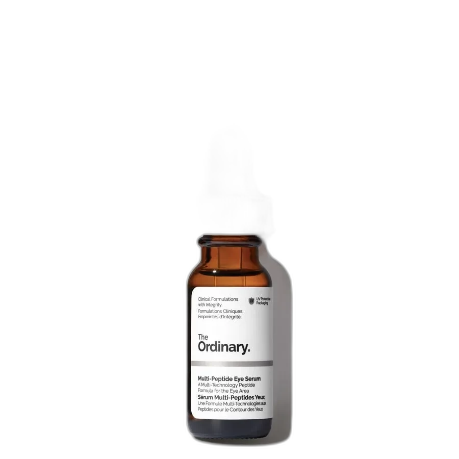 The Ordinary Multi-Peptide Eye Serum in a small frosted glass bottle with narrow dropper tip