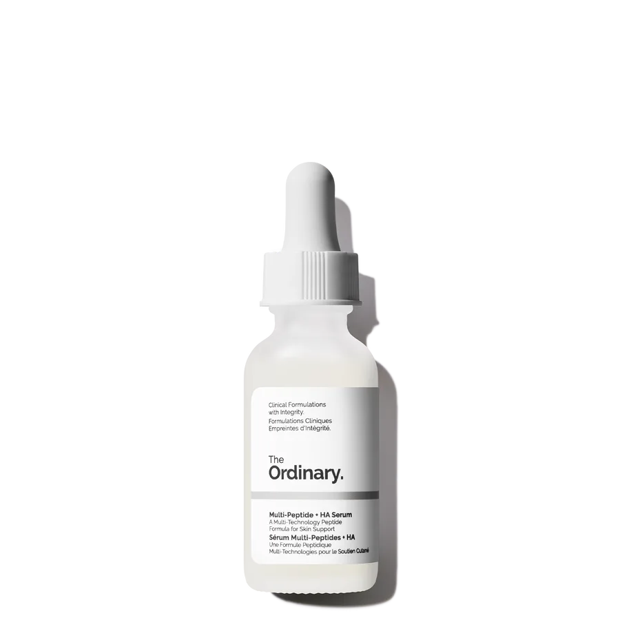 The Ordinary Multi-Peptide + HA Serum in a frosted glass dropper bottle with white label and