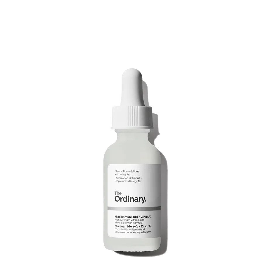 The Ordinary Niacinamide 10% + Zinc 1% serum in a frosted glass dropper bottle with white label