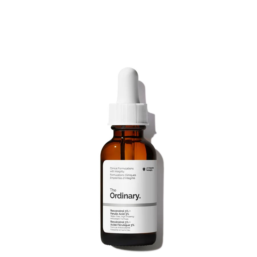 The Ordinary Resveratrol 3% + Ferulic Acid 3% antioxidant serum in brown glass dropper bottle