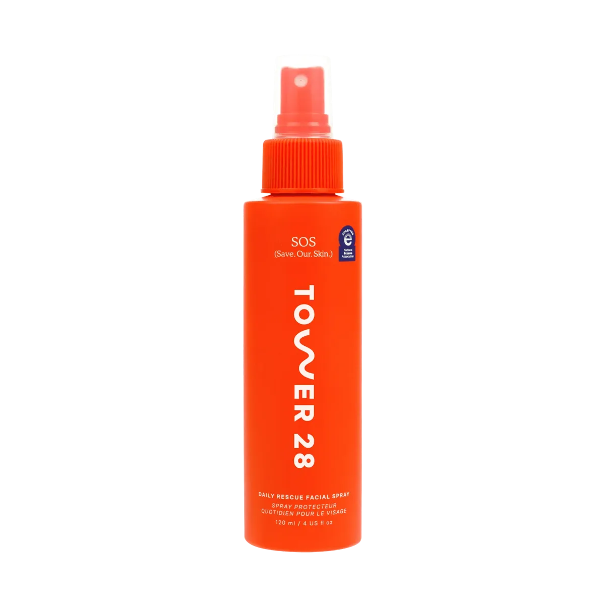 Tower 28 SOS Daily Rescue Facial Spray with Hypochlorous Acid in frosted plastic mister bottle
