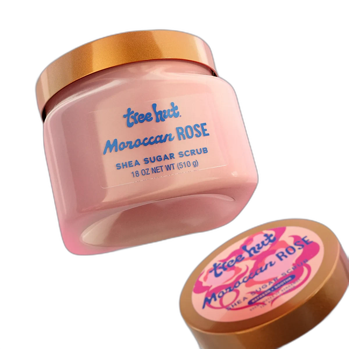 Tree Hut Moroccan Rose Shea Sugar Scrub in pink-labeled plastic tub