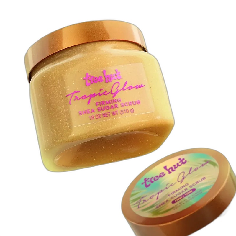 Tree Hut Tropic Glow Firming Shea Sugar Scrub in plastic tub with tropical label