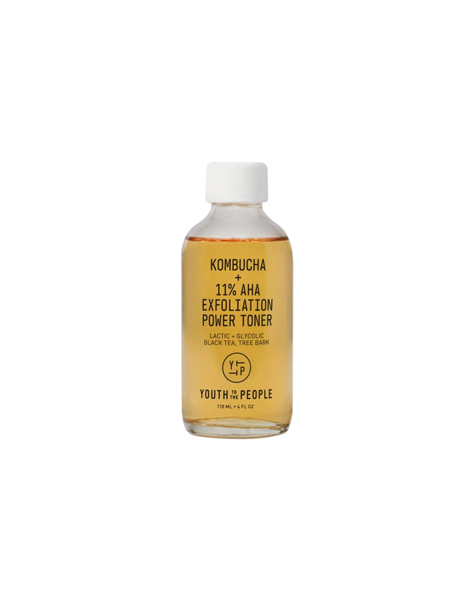Youth to the People Kombucha + 11% AHA Exfoliation Power Toner in a frosted glass bottle with